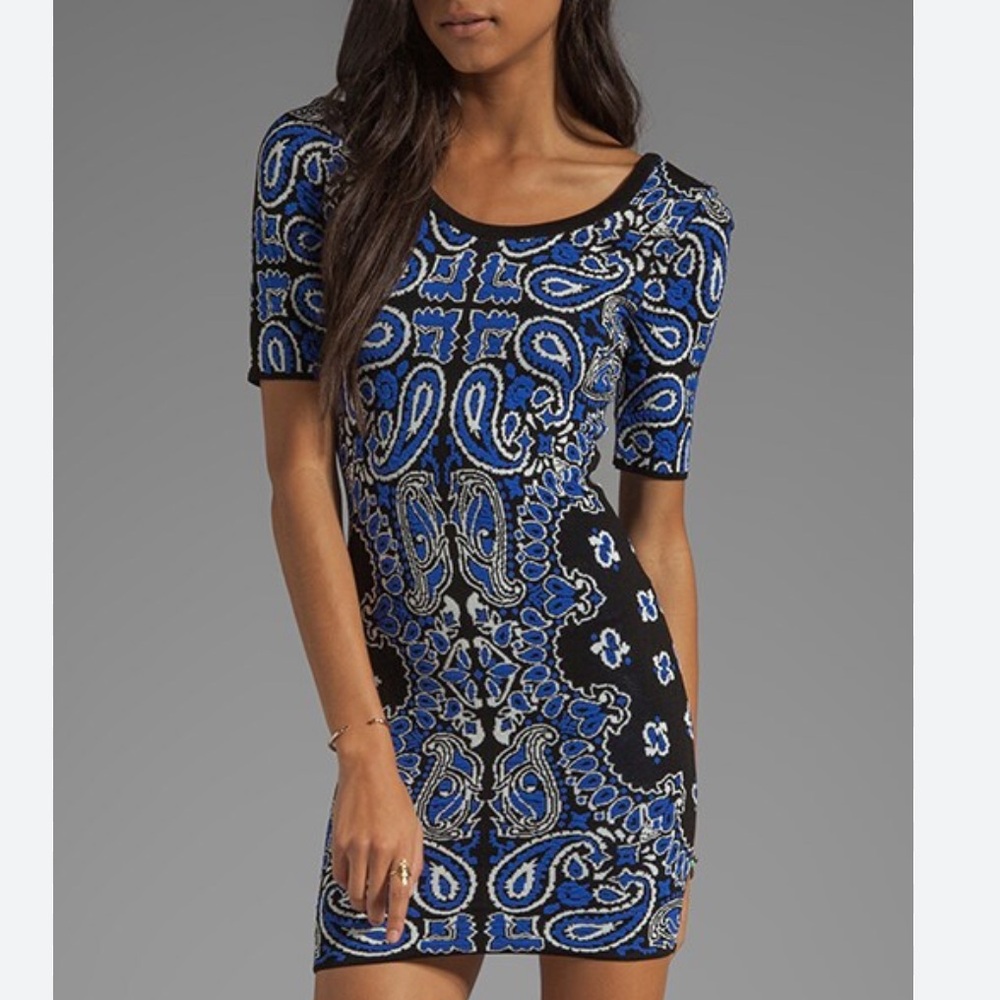 Torn By Ronny Kobo Casey Bandana Dress in Black/Cobalt, Size Small.